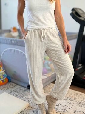 Another Story Textured Ribbed Tan Cream Wide-Leg Lounge Pants Palazzo Cotton